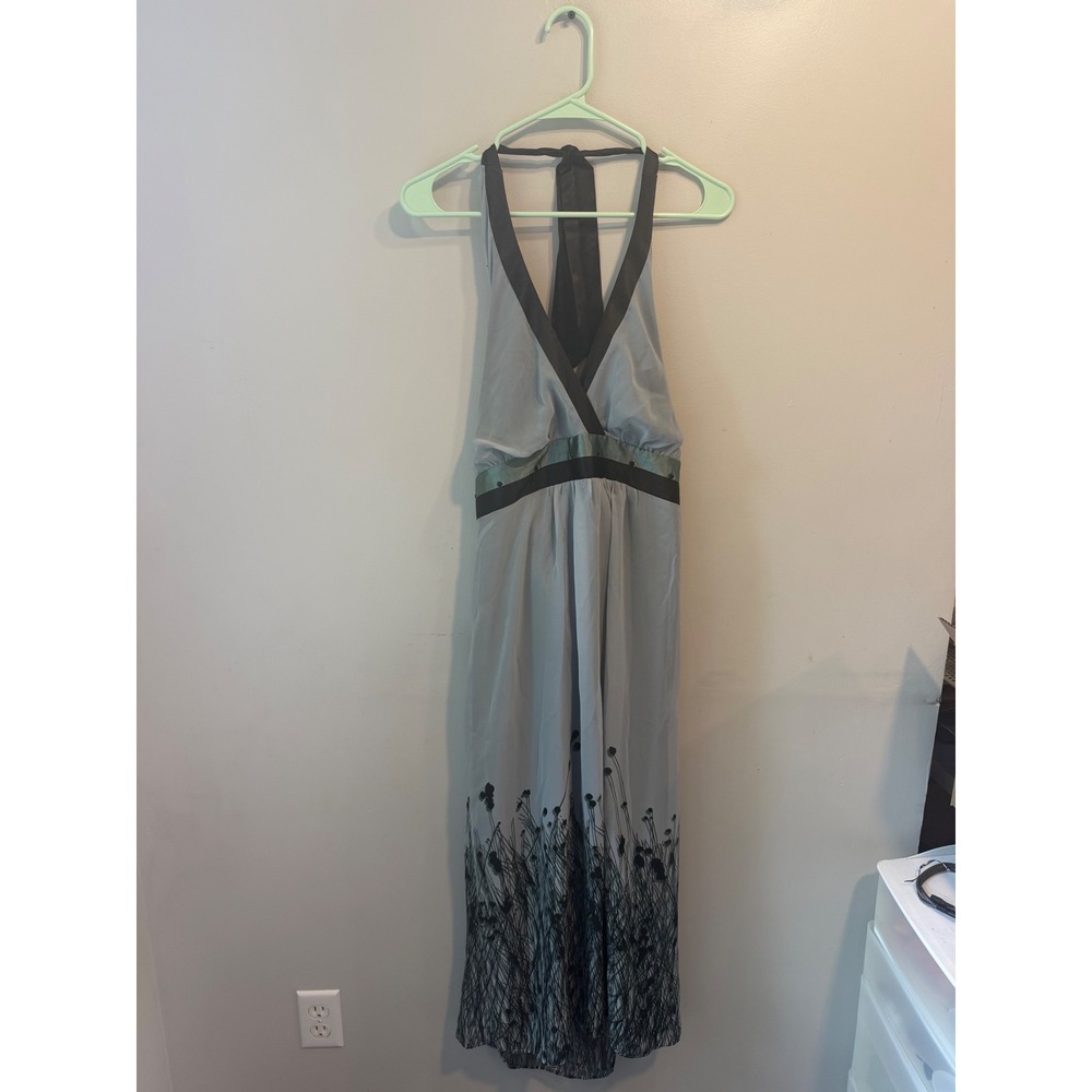 Cato Blue Gray Floral Grass Print Halter Maxi Dress Size 14 Chiffon Evening